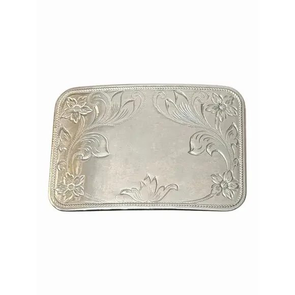 Vintage Belt Buckle Faux Silver with Flower Etching Unbranded 3 1/4 x 2” - Picture 3 of 7